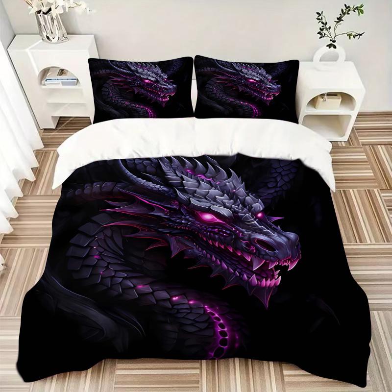 3pcs Fiery Purple Dragon Printed Quilt Set - Includes 1 Quilt Cover and 2 Pillowcases, Machine Washable - Suitable for All Seasons.H035