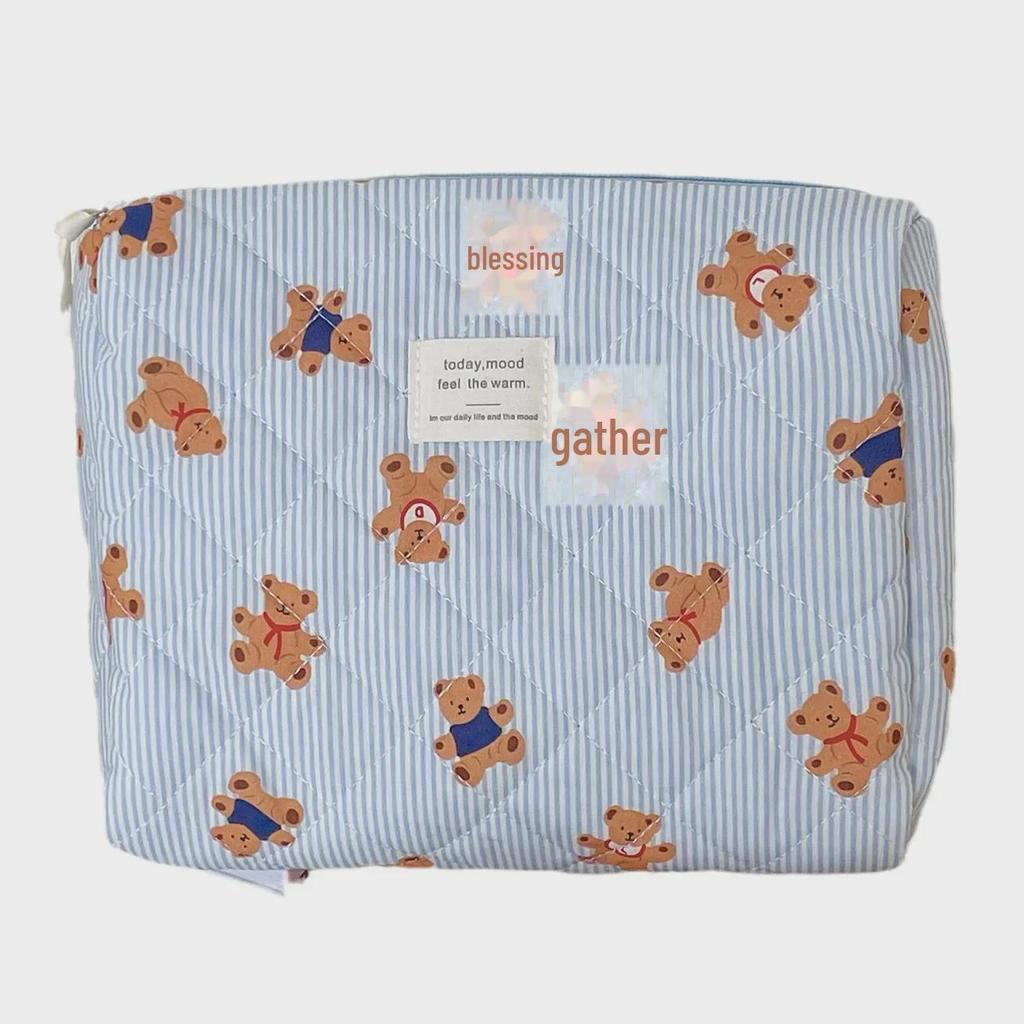 Синяя полосатая медвежья мультяшная стеганая косметичка - Большая вместимость и портативная