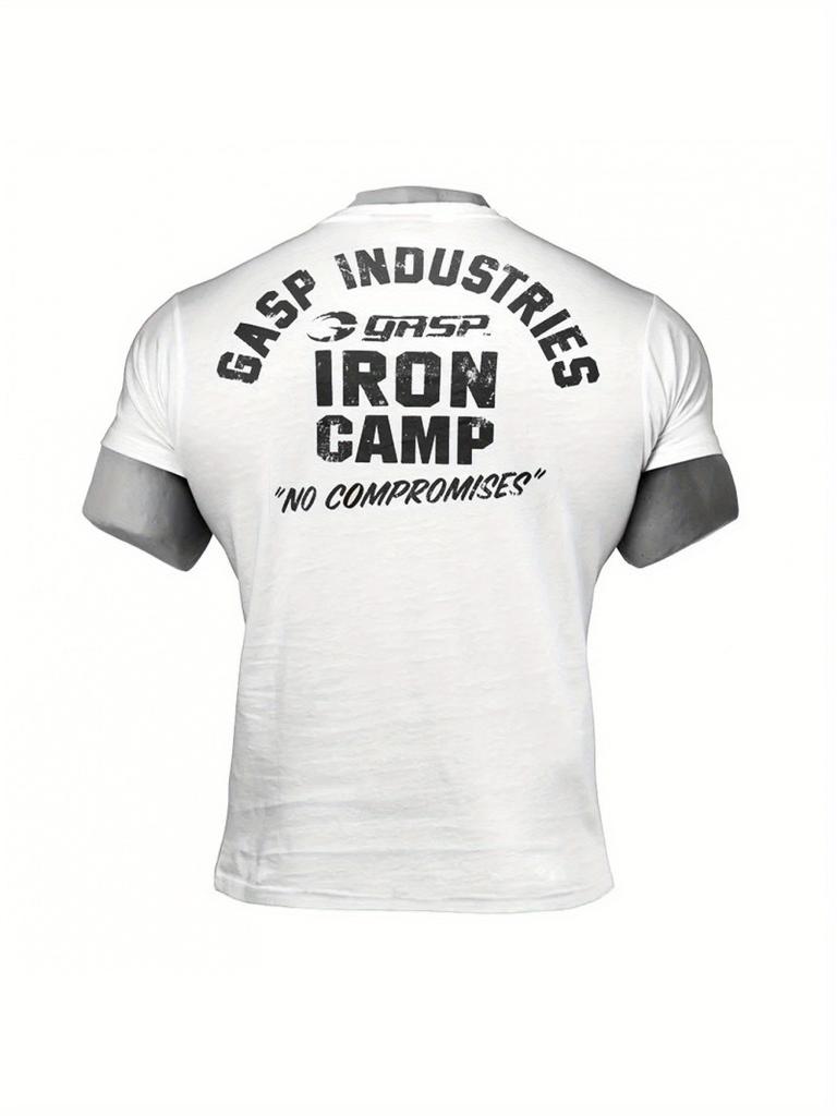 Мужская футболка для фитнеса и тренировок в стиле Y2K с логотипами GASP и Iron Camp на спине - Дышащая футболка с круглым вырезом для спортзала