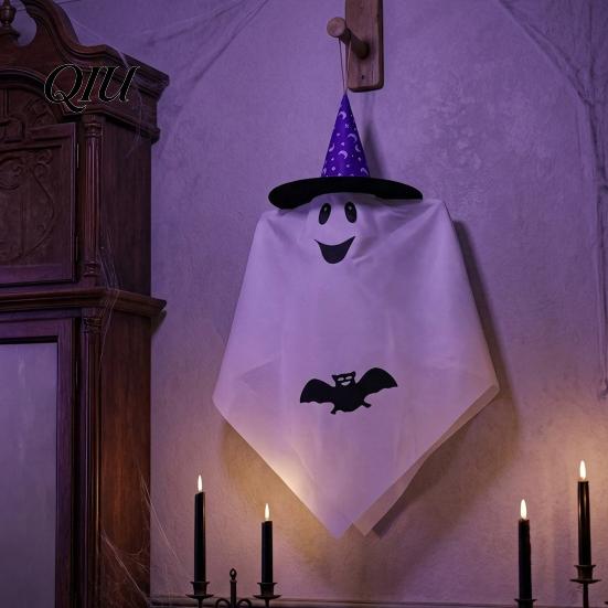 Cartoon Smiling Ghost Pendant Halloween Hanging Decoration, Cute Flying White with Witch Hat Wind Flowing Decoration And Bat Pattern for