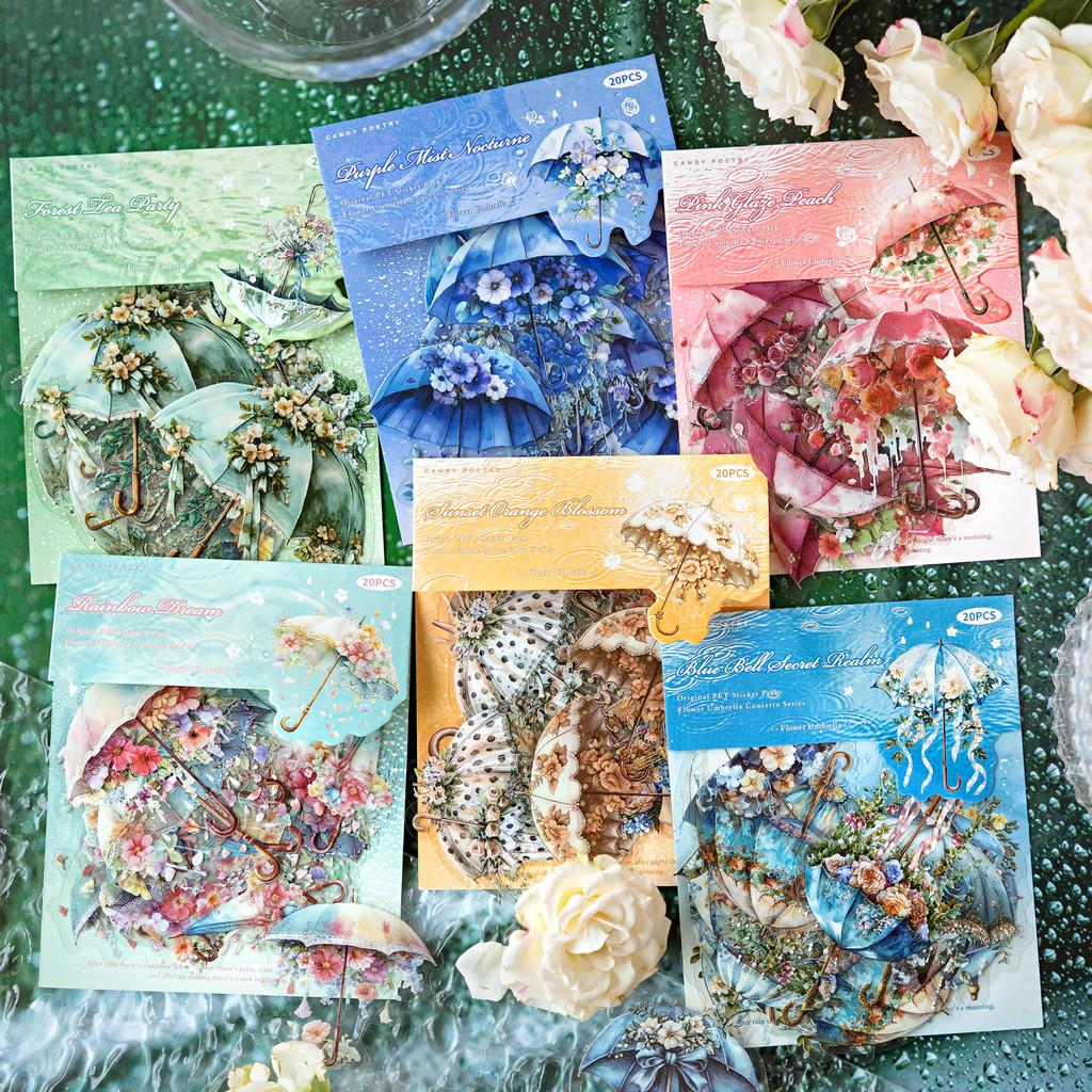 20 Pcs Floral Umbrella Journaling Stickers PET Junk Journal Supplies for Scrapbooking Crafts Planner Collage Card Album