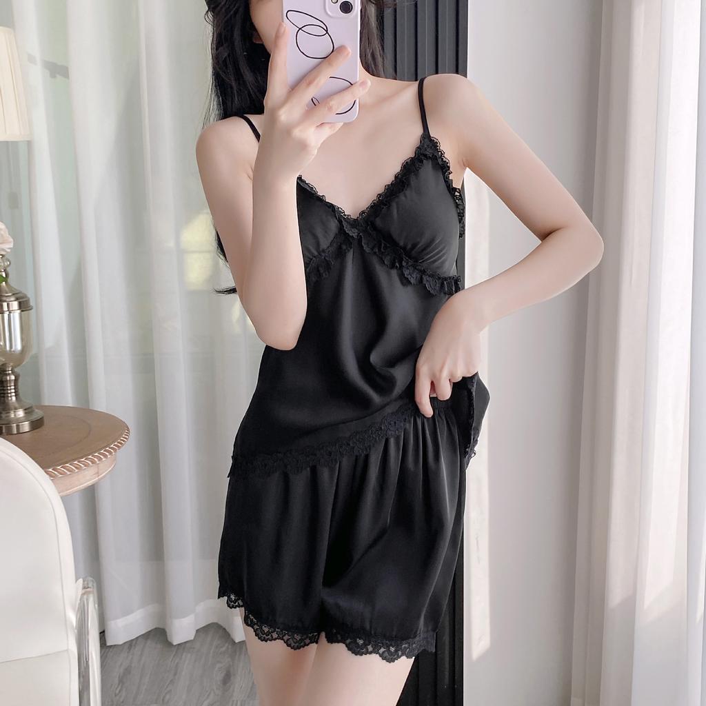 Sexy summer solid color thin women's suspender shorts set ice silk nightgown women's three-piece loungewear simulation silk