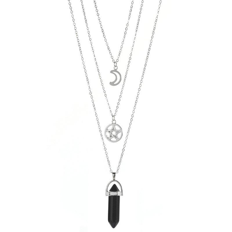Layered Agate Necklace With Hollow Moon Star Charm For Women Collarbone Jewelry