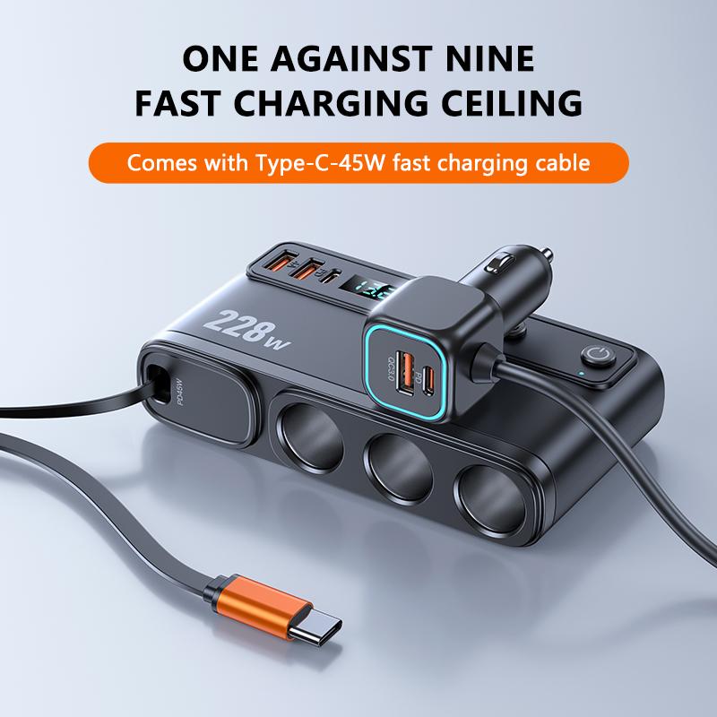 SEAMETAL Автомобильный адаптер-зарядное устройство USB C 9 в 1 228 Вт QC3.0 с PD45W, телескопическим кабелем, светодиодным дисплеем напряжения 12 В/24 В