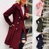 Women Woolen Jacket Turn-down Collar Solid Color Double-breasted Coat Mid Length Thermal