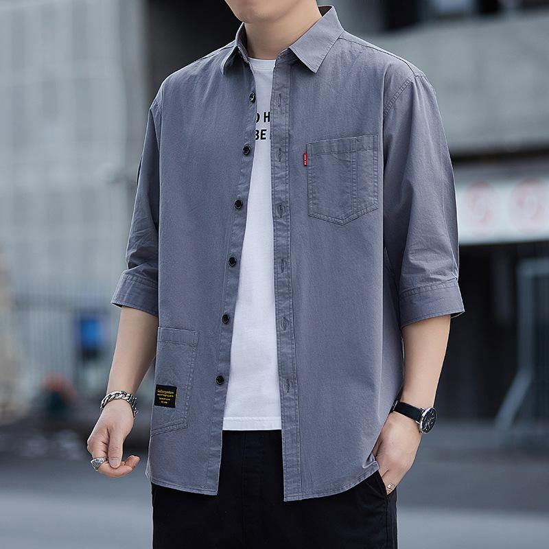 Рубашка из хлопка мужская с рукавами семь четвертей, короткий рукав, рабочая одежда из хлопка, однотонная, свободная, красивая, со средними рукавами