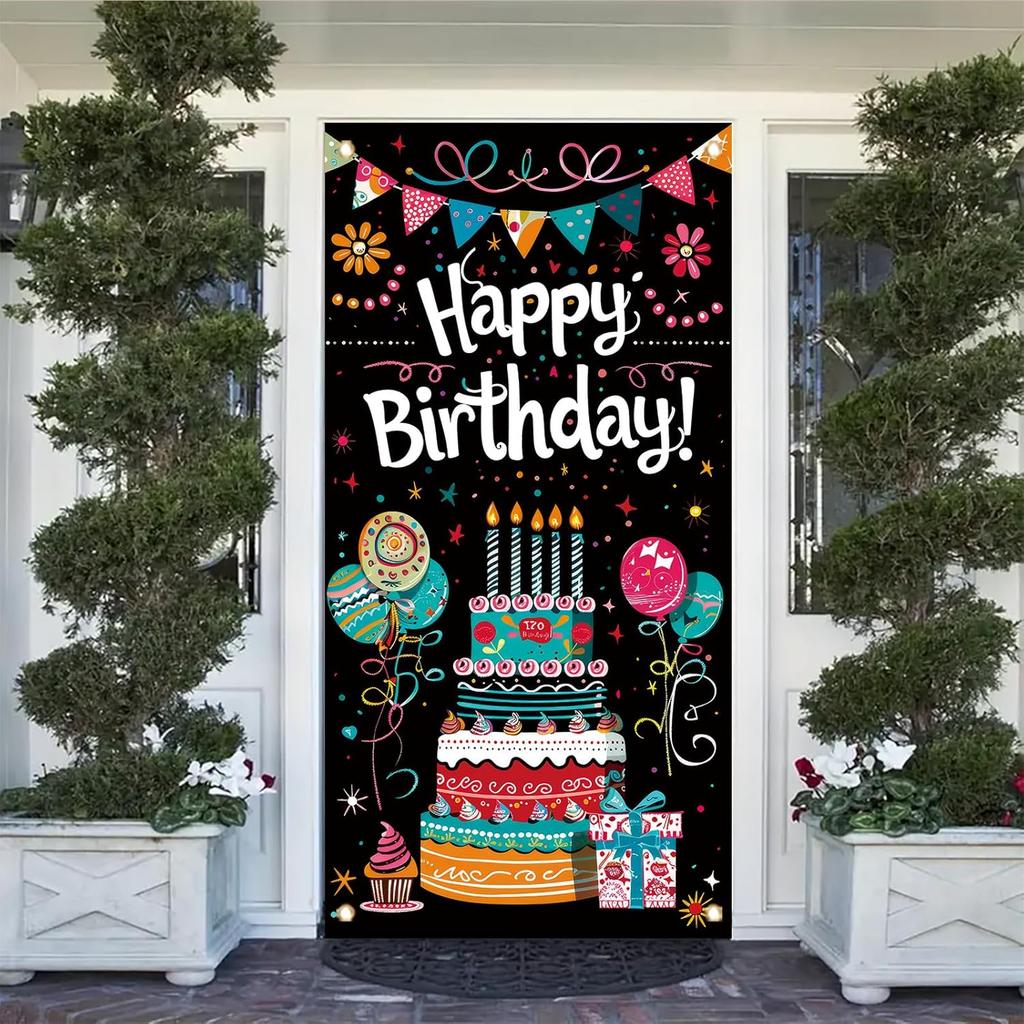 Birthday Door Cover Banner Colorful Cake Balloon Banner Party Decoration Hanging Backdrop for Kids Adults Birthday Celebration Entrance Photography