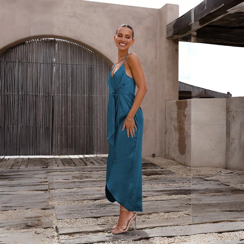 Женское однотонное платье длиной до щиколотки с открытой спиной и v-образным вырезом с высокой талией