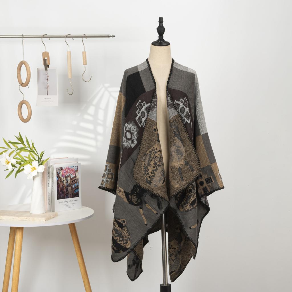 Этнический стиль Принтованная шаль Имитация кашемира Кейп с разрезами Теплый шарф Куртка Ретро Литературный Большая шаль Женская