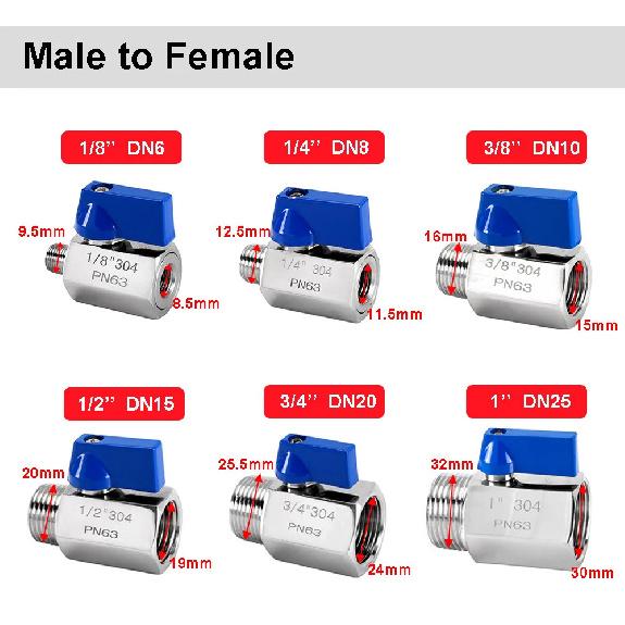 1/8" 1/4" 3/8" 1/2" 3/4" 1 Inch BSP Male/Female Mini Ball Valve 304 Stainless Steel Manual Tap Valves Homebrew