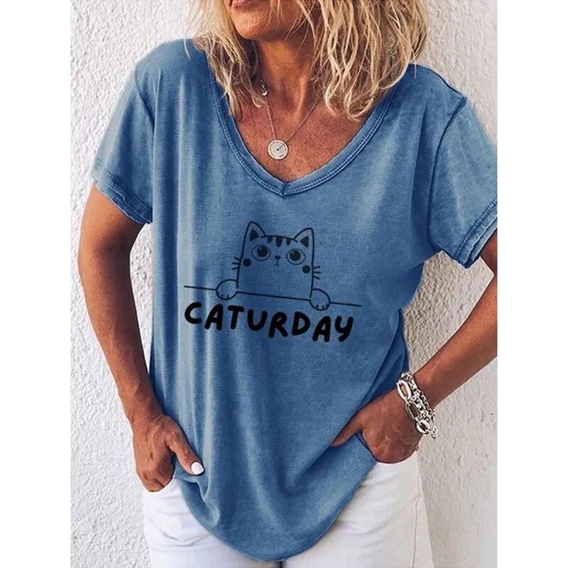 Fashion Woman Blouses T-shirt Women's 3d Cats Print Black Kawaii V-neck T Shirt Female Clothing Oversized Summer Tops Tees