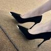 Spring Autumn New Luxury Black Suede Women's High Heels Metal Pointed Fine Heels Shallow Mouth High Heels Casual Women's Shoes