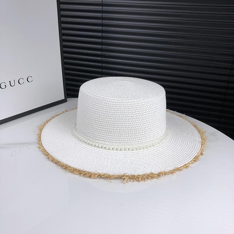 Женская соломенная шляпа в французском стиле с жемчугом, пляжная шляпа для защиты от солнца, защита от УФ-лучей, шляпа от солнца с плоским верхом для прогулок
