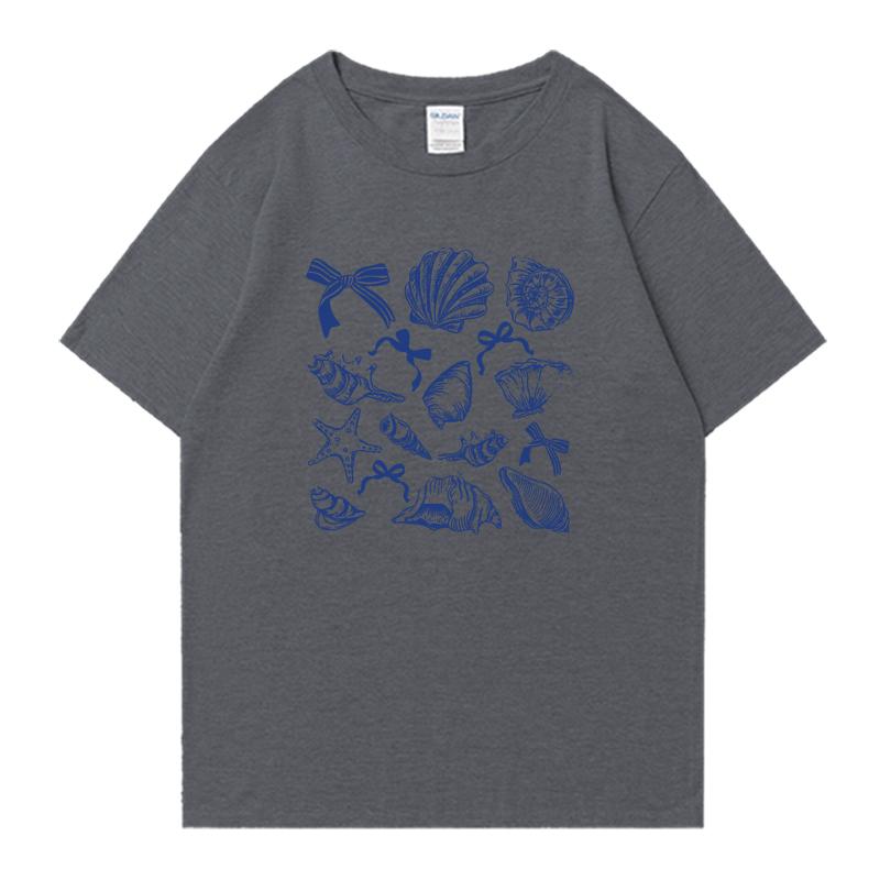 Популярная женская футболка оверсайз с рисунком морского животного — раковины и банта, унисекс, хлопковая, для мужчин и женщин, повседневная, с коротким рукавом, летняя.