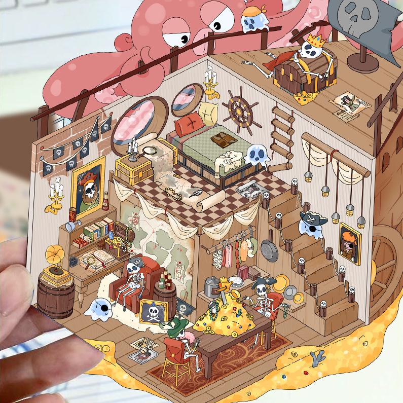 Cartoon Landscape Stickers Multiple Miniature World 3D Hut Unzip DIY Scene Manual Post