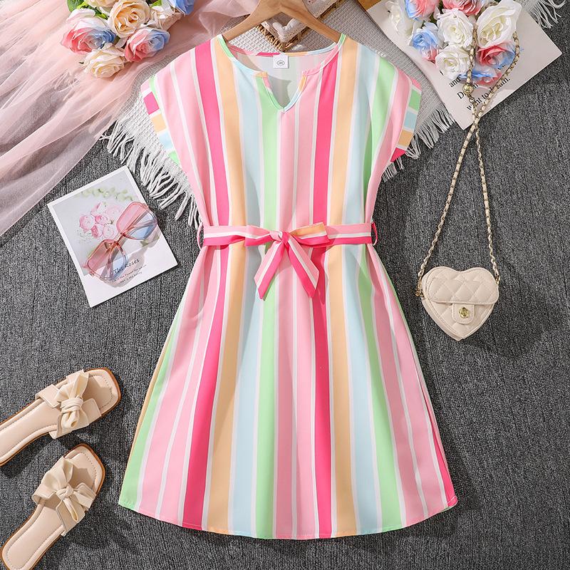 Girls' Fashion Dress 2025 Summer Children's Colorful Striped Printed Short-sleeved Dress