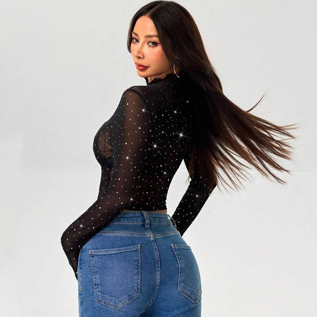 Getrays Прозрачная сетка с блестящим длинным многослойным топом Женская футболка с пайетками, рукавами, тонкая, черная, просвечивающая, стройнящая, стильная,