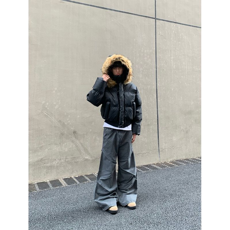 Cabbage Coke Basic Cotton-Padded Coat Detachable Hat/Winter Loose Street Outwear Men and Women Jacket Hooded Cotton Jacket