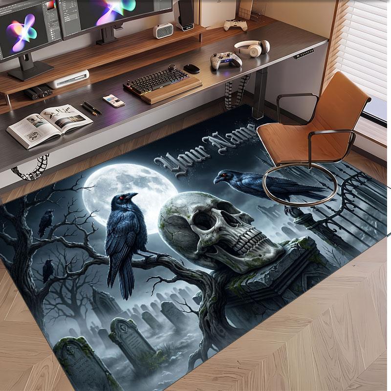 Skull Gothic Theme Soft Crystal Velvet Rug Custom Name & Text Print Non Slip Floor Rug for Bedroom Living Room