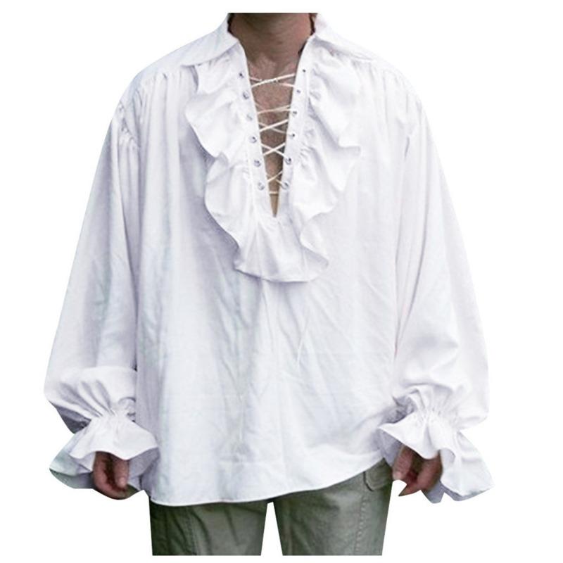 Vintage Men S Solid Long Sleeve Shirt With Pleated Puff Sleeves