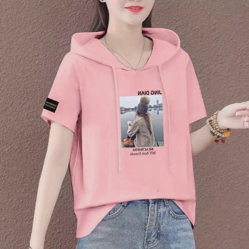 Лето 2025 г. Женская свободная толстовка с коротким рукавом - корейский стиль, модный топ больших размеров
