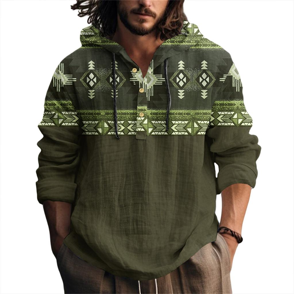 Мужская рубашка с принтом из хлопка и льна с капюшоном, с длинными рукавами, повседневная одежда для весны и лета