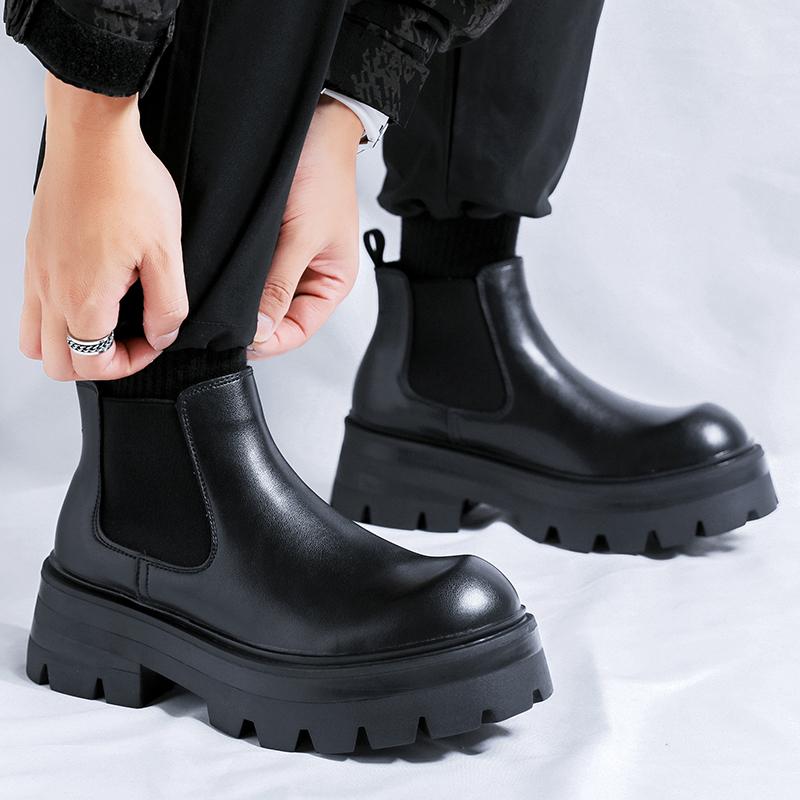 Italian Chelsea Casual Leather Boots Men Thick Bottom Antiskid Biker Boot High Top Popular Trendy All-match Street Outdoor Shoes