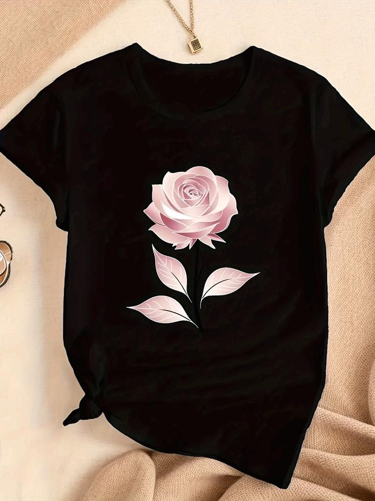 Pink Rose Graphic Black T-shirt