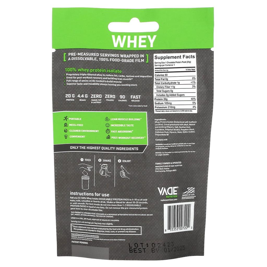 Vade Nutrition Soluble Protein Pack, 100% Whey Protein Isolate, Chocolate Milkshake Flavor, 0.06 Lb (25 G)