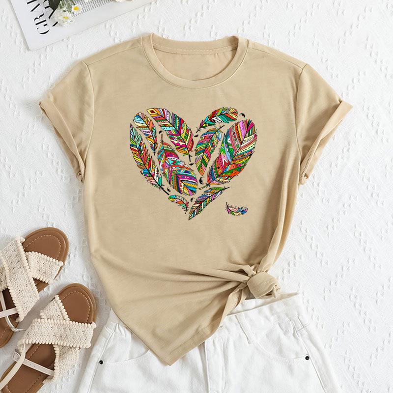 Летние женские футболки больших размеров с принтом в виде перьев и сердец, свободные, с круглым вырезом, повседневные, из чистого хлопка, с короткими рукавами, женские