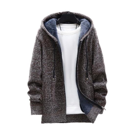 Зимняя мужская куртка из утолщенного флиса с капюшоном, застежкой-молнией на шнурок, длинными рукавами, свитером, пальто с карманами, эластичными манжетами в стиле ретро