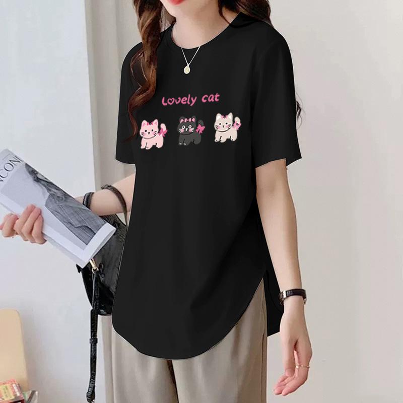 Round Neck Black Short-sleeved T-shirt for Women In Summer Mid-length Style Covering The Butt Curved Hem Loose Slimming Top