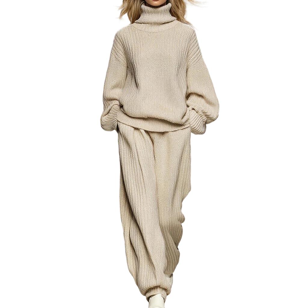 Женский модный повседневный вязаный комплект свободного кроя с высоким воротом и широкими брюками