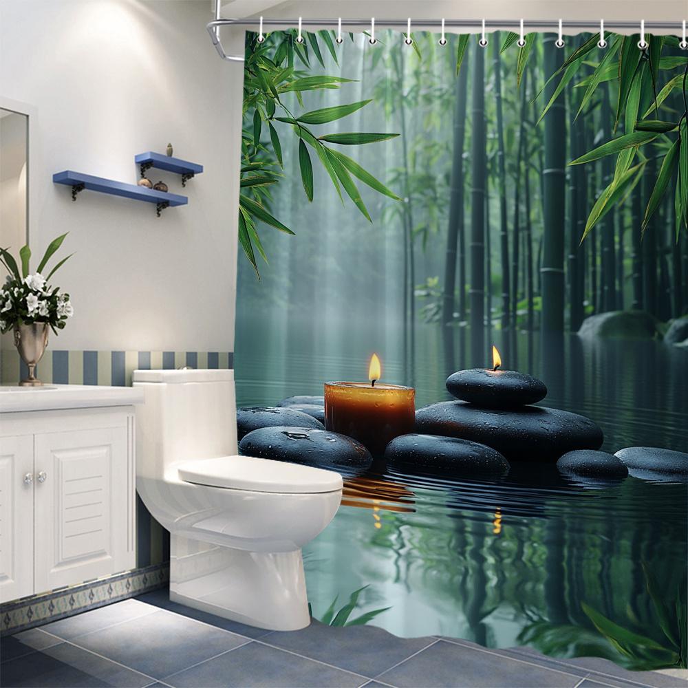 Soothing Bamboo Forest Shower Curtain for a Zen Bathroom, Featuring Tranquil Water, Stones, and Candles. This Serene