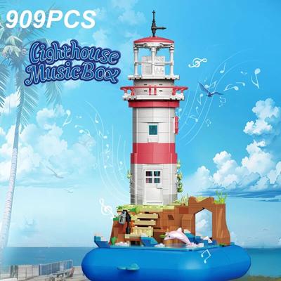 909PCS Lighthouse Music Box Building Blocks Sea Island Street View Model Сборные кирпичи Игрушки Настольные украшения Рождественские подарки БЕЗ КОРОБКИ