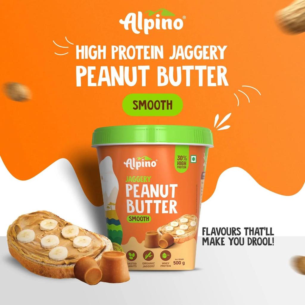 Арахисовое масло с высоким содержанием протеина Alpino Jaggery Smooth 500 г | 30% с высоким содержанием белка | Сделано из жареного арахиса, сывороточного протеина, органического пальмового сахара