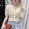 2022 Spring and Summer New Short-sleeved T-shirt Blouse Fashion Lace Ruffled V-neck Temperament Chiffon Shirt Casual