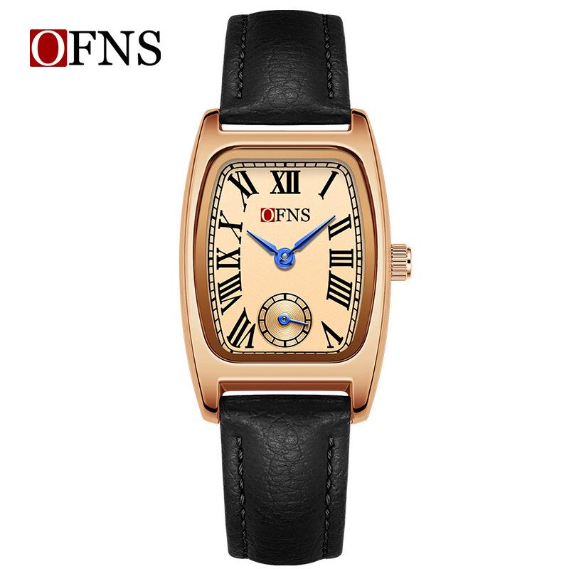 Fashion Ofns Brand Women's Quartz Watch Vintage Barrel Shape Two Half Hand Leather Strap Waterproof Dress Leather Wrist Watches