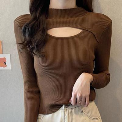 Осень-зима Топ с полуворотом Трикотажная одежда Spicy Girl Hollow Out All-Match Slim Fit Футболка с длинным рукавом Базовый топ