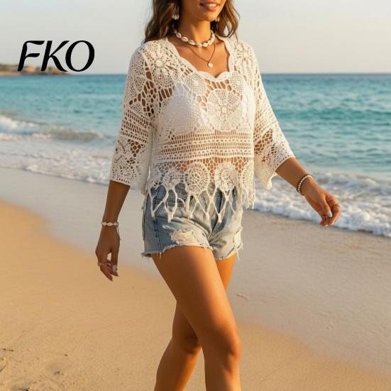 Spring Autumn Layering Top Women Crochet Tops, Round Neck 3/4 Flared Sleeves Cover Up, Hollow Lightweight Knit Blouse Sun Protection