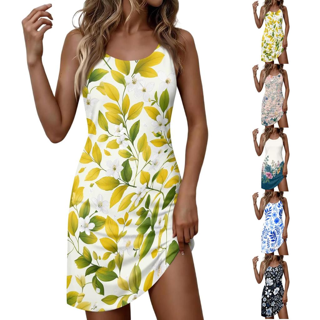Женское Повседневное Платье Без Рукавов С Цветочным Принтом С Круглым Вырезом Летнее Пляжное Легкое Удобное Платье для Повседневной Носки