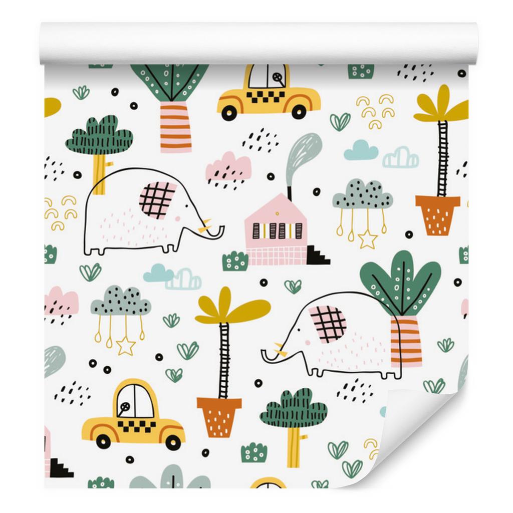 Wallpaper Elephants, cars and houses in Scandinavian style 50x1000
