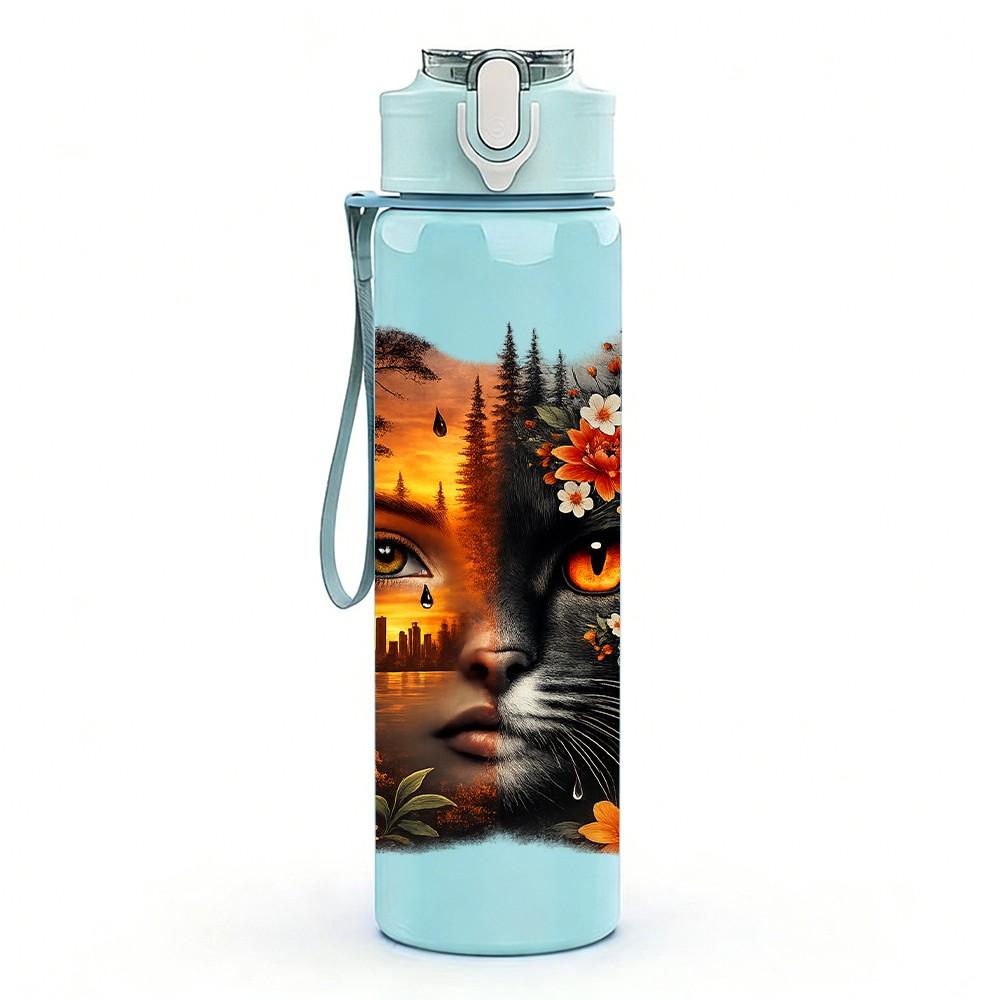 1PC Abstract Lady Face Warm Tone Art Print 750ml Color Plastic Sports Water Bottle Leakproof Flip Straw Lid Suitable for Sports Office Home Use