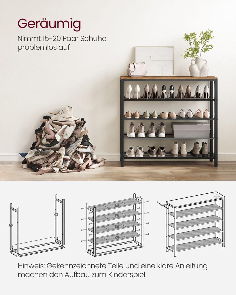 VASAGLE Shoe Rack, Shoe Storage Organiser with 4 Mesh Shelves and Large Surface for Bags, Shoe Shelf for Entryway, Hallway, Closet, Steel Frame