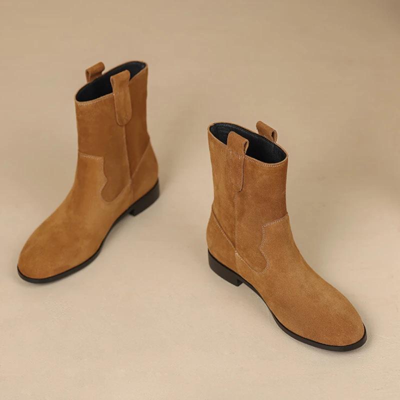Модные винтажные ботильоны из искусственной замши со складками для женщин 2024 года, теплые плюшевые короткие ботинки на плоской подошве, женские ковбойские ботинки без застежек