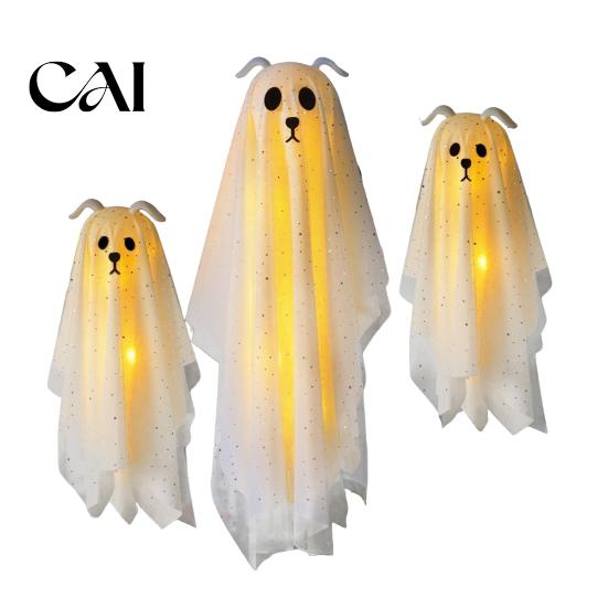 Spooky Outdoor Yard Ornaments 3 Pcs Lighted Dog Ghost Hanging Ornaments, Halloween Flying Decorative for Dorm Room Gauze with LED Light Tree
