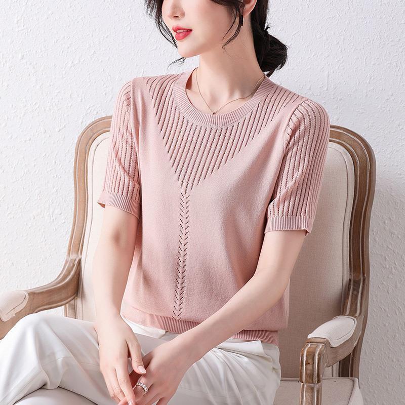 Summer Ice Silk Shirt Women Short Sleeve T-Shirt Blouse Maternity Clothes Summer Openwork Fashion Crop Top
