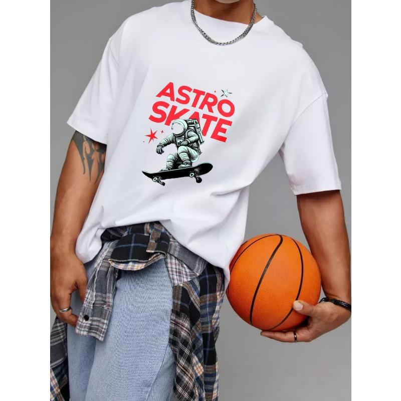 Astro Skate T Shirt White Astronaut Riding Skateboard with Red Text and Stars Graphic Streetwear Casual Wear for Men and Women