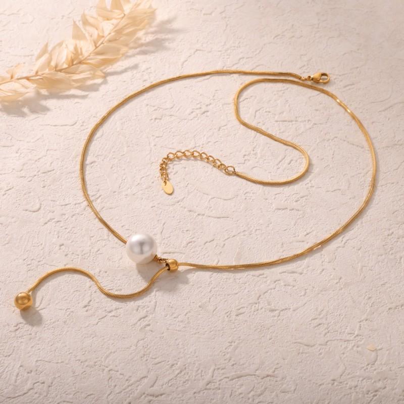French Minimalist Style Pearl Pendant Necklace Titanium Steel Snake Chain Adjustable Women