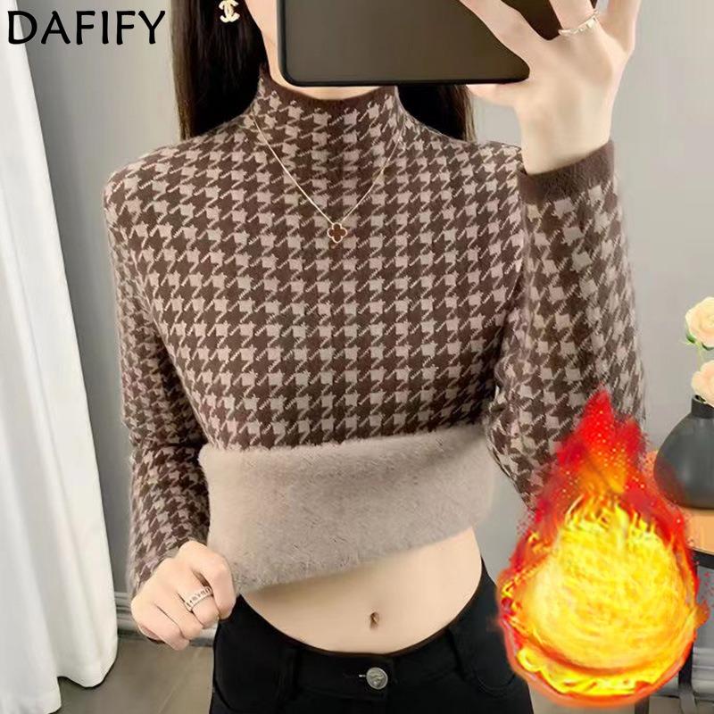 DAFIFY Женские модные повседневные осенне-зимние свитера с длинным рукавом и полуворотником с принтом «гусиная лапка»